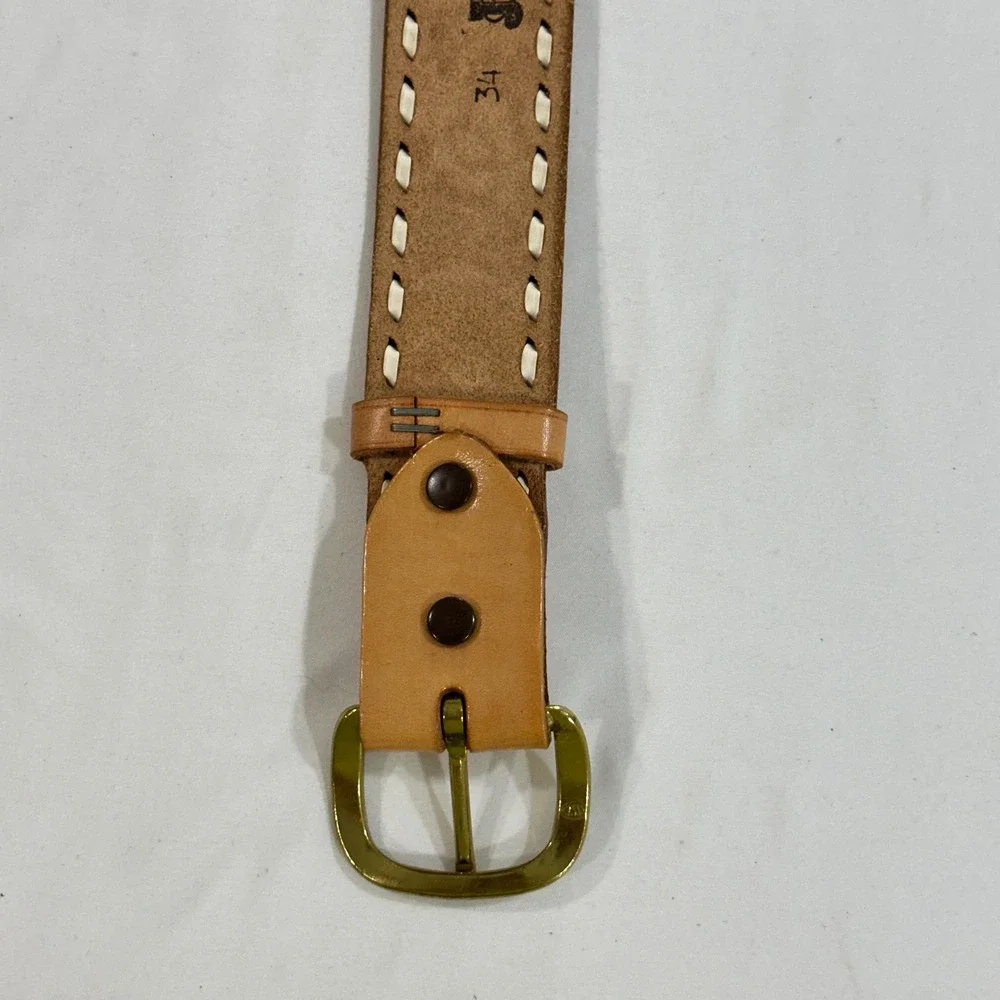 Justin Leather Belt 34 Tan Tooled Floral Whipstitch Western Cowhide Unisex Brass